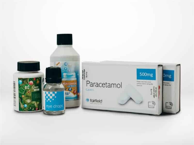 Healthcare packaging featuring Fairfield labels