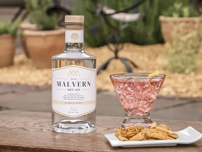 Malvern gin bottle and poured drink